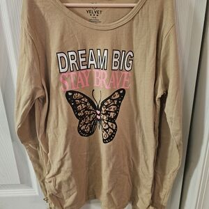 Pink Velvet Girls Tan T-Shirt. Long Sleeve, Size 14/16 With Butterfly: "Dream...
